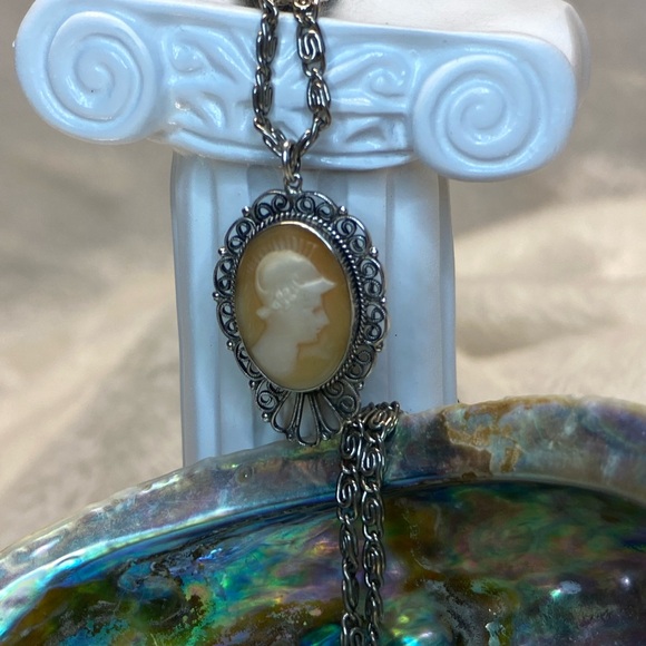 RARE Antique Vintage Shell Carved Cameo Necklace Left Facing Male Image 17” lgth - Picture 11 of 12